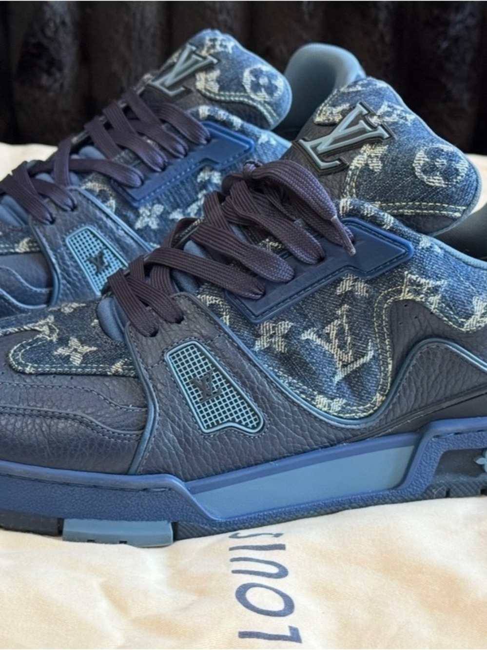Louis Vuitton Blue Monogram Denim & Navy Leather Sneakers